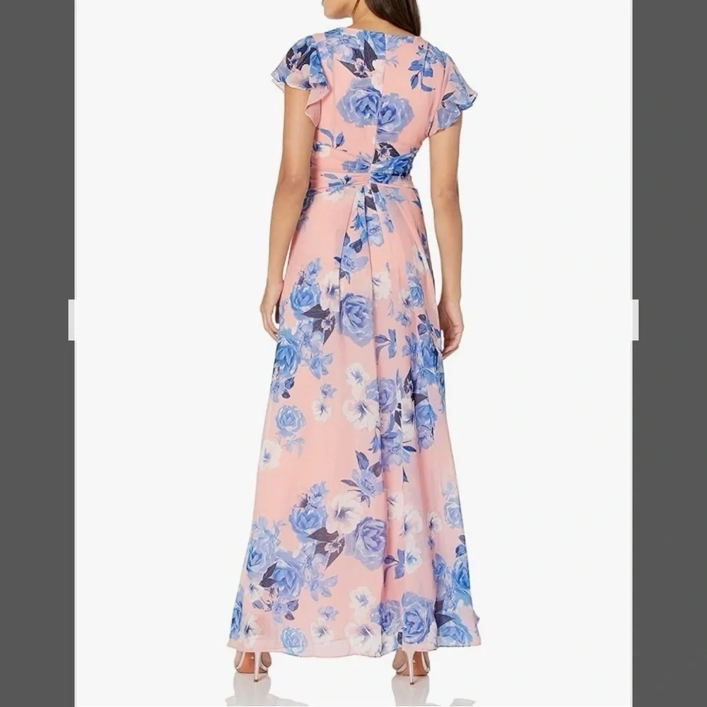 ELIZA J Floral Print Embellished V Neck Flutter Sleeve Gown in Pink Blush - Picture 2 of 7